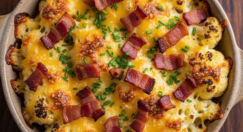 Cheesy cauliflower bake topped with crispy bacon and chives baked until golden
