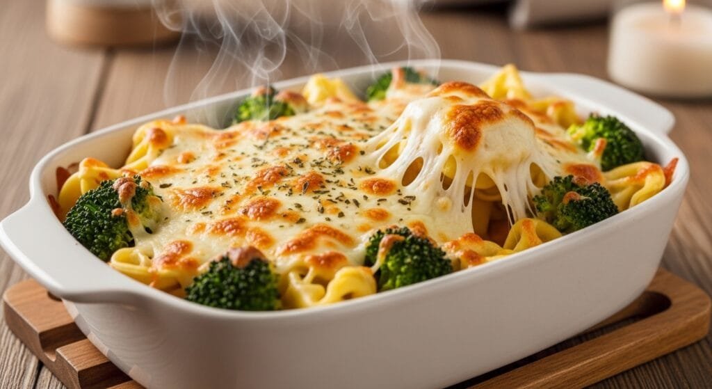 Cheesy tortellini and broccoli bake bubbling in a casserole dish with melted mozzarella