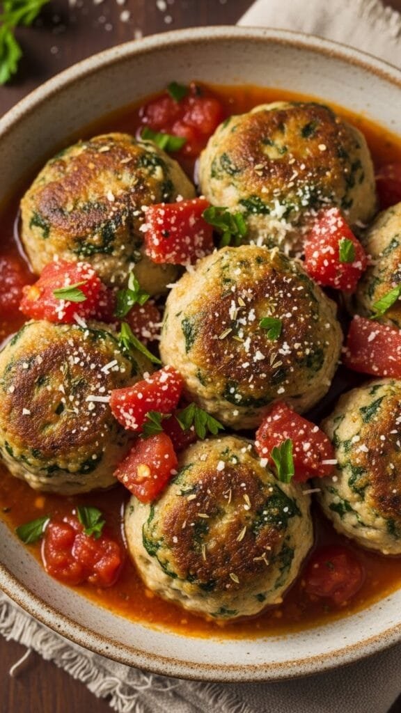 Close up of juicy chicken meatballs with spinach showing tender texture