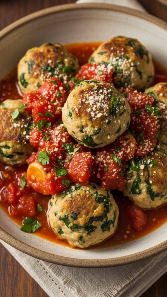 Baked chicken and spinach meatballs served hot on a plate with herbs