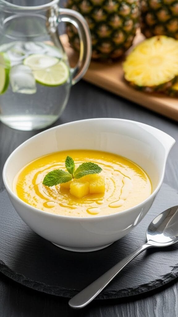 Vegan chilled pineapple soup with smooth texture and tropical flavor served in a glass