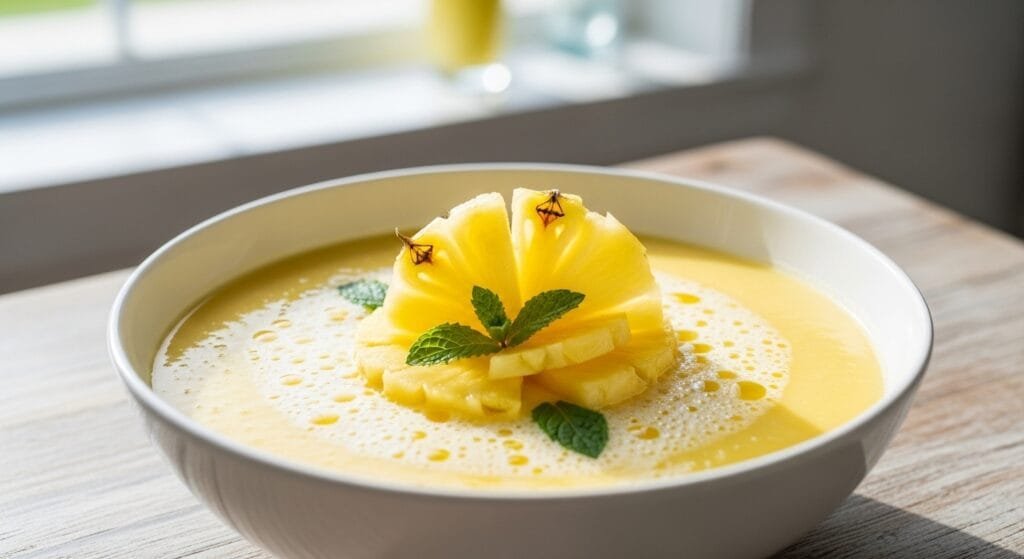 Chilled pineapple soup served in a bowl with fresh pineapple garnish