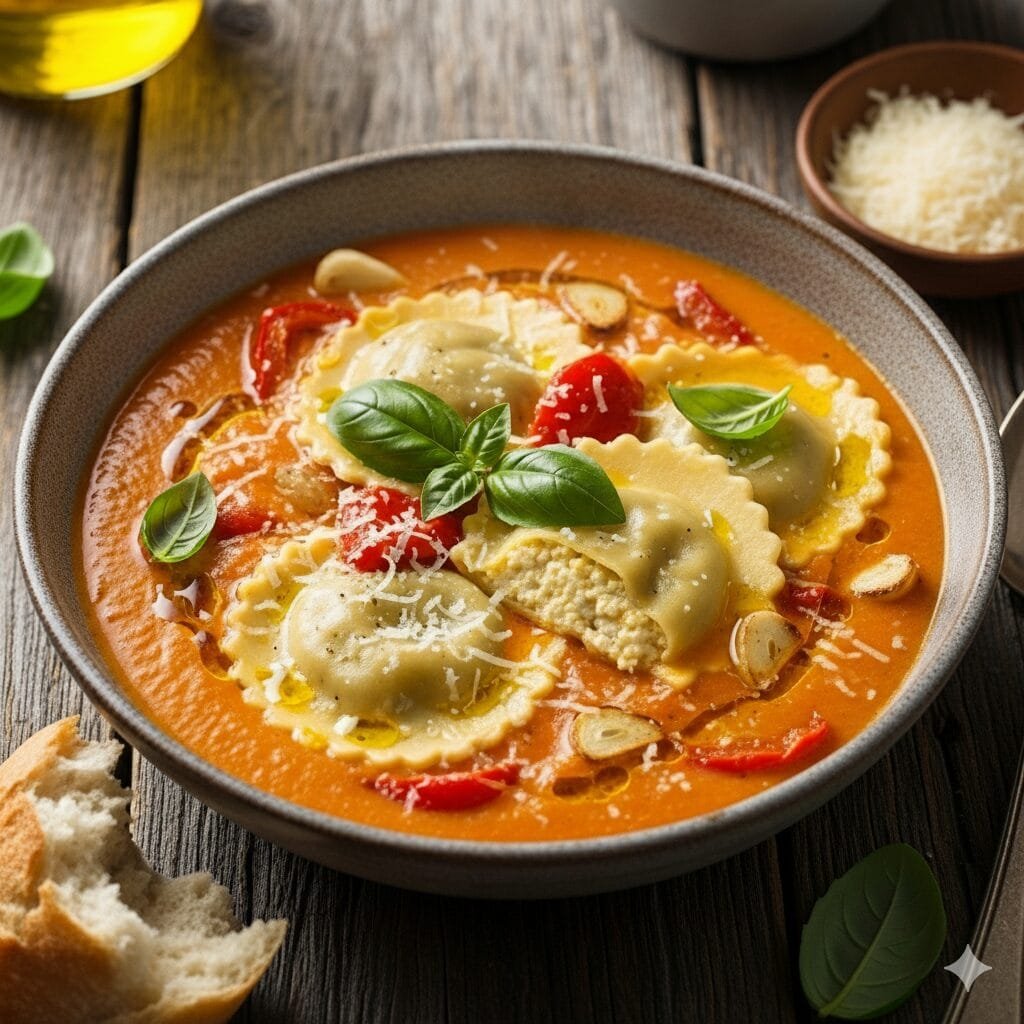 Homemade ravioli soup with creamy roasted red pepper base and melted Parmesan.