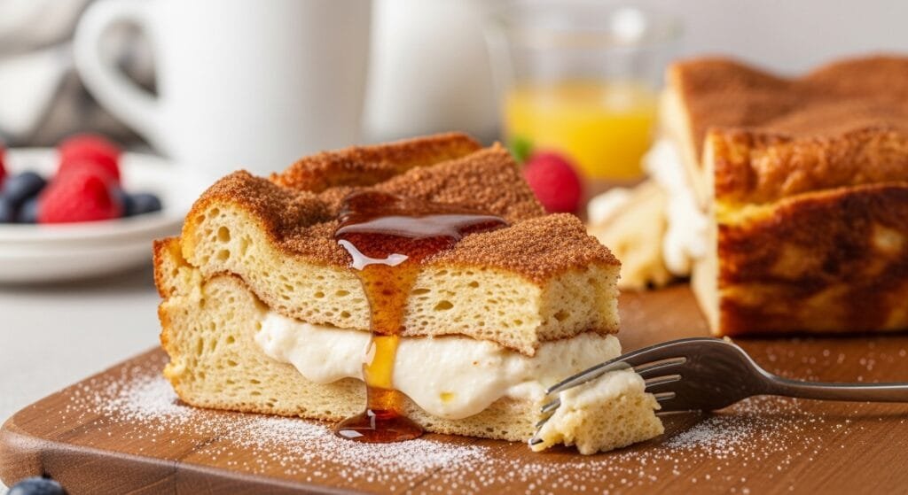 Slice of baked cream cheese French toast casserole with cinnamon topping served warm for brunch