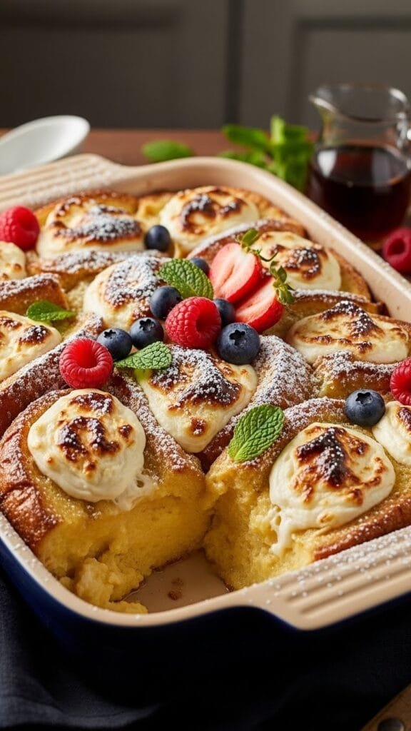 Cream cheese French toast bake with custard-soaked bread and cinnamon crumb topping baked until golden in a 9×13 dish.