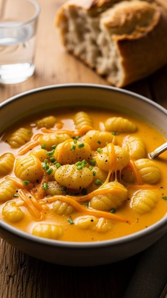 Hearty cheddar gnocchi soup with creamy cheese broth, tender gnocchi, carrots, and onions served in a bowl.