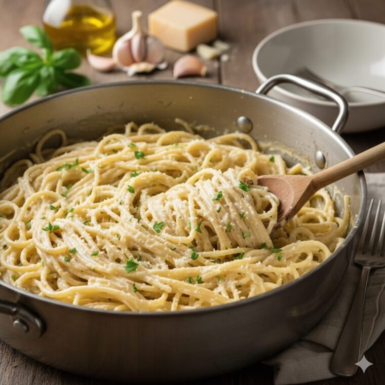 Bowl of creamy garlic pasta with Parmesan and herbs