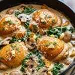 Creamy mushroom chicken cooked in a skillet with garlic, spinach, and Parmesan sauce