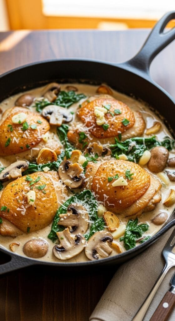 Creamy mushroom chicken cooked in a skillet with garlic, spinach, and Parmesan sauce