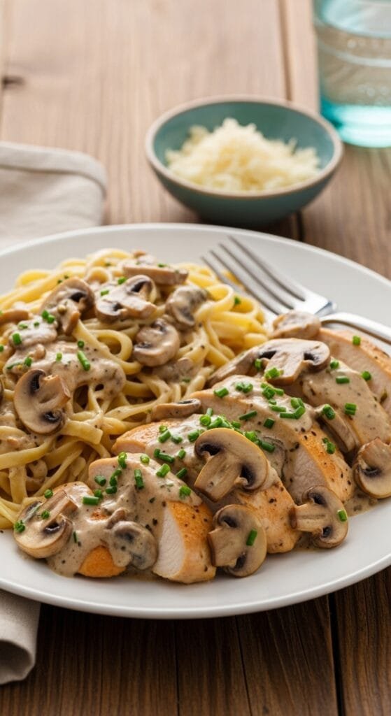 Creamy mushroom chicken served with pasta and Parmesan for a comforting family dinner