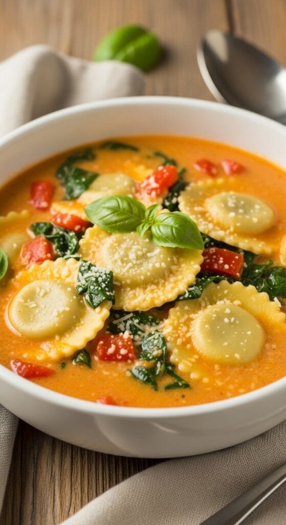 Creamy roasted red pepper ravioli soup with spinach and Parmesan served in a bowl
