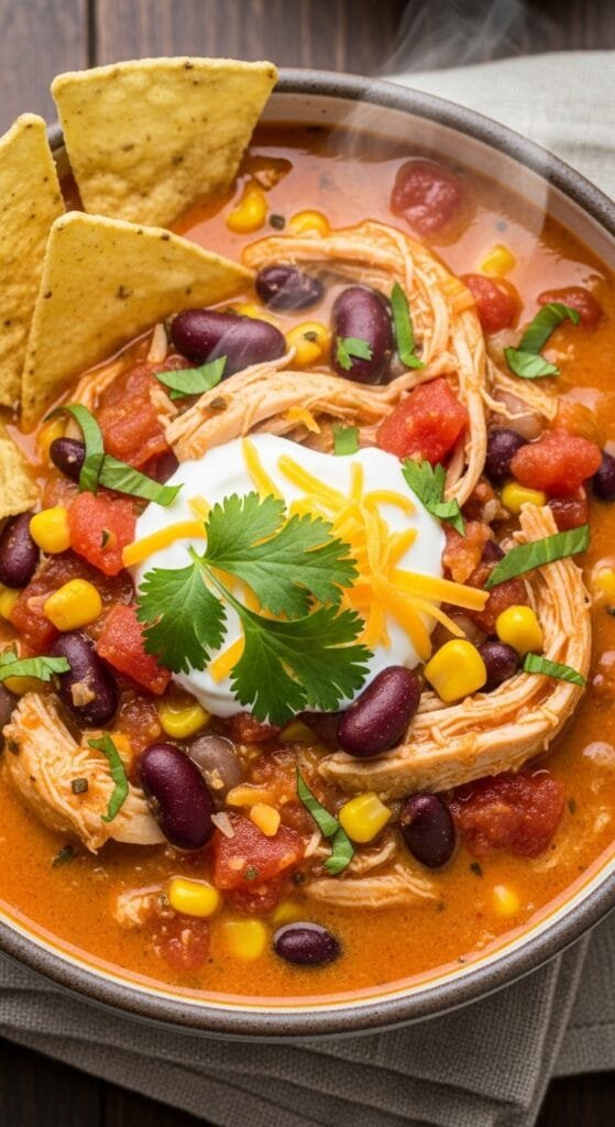 Creamy slow cooker chicken chili with shredded chicken, beans, corn, and a rich tomato-based broth