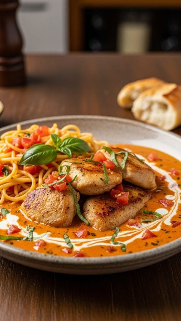 Skillet creamy tomato chicken simmering in a smooth tomato cream sauce.