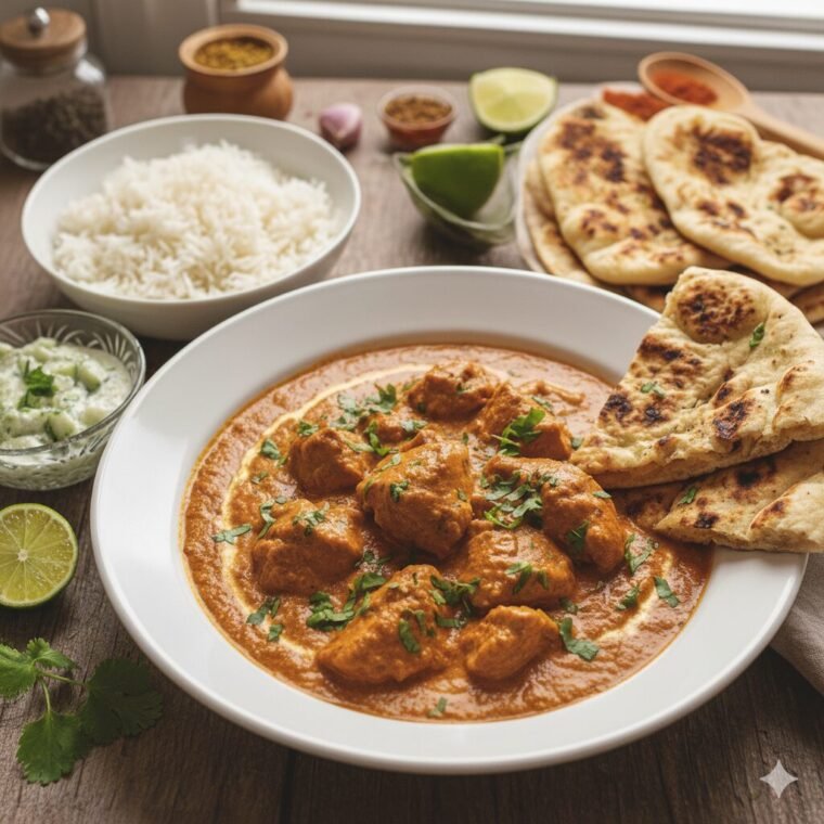 Creamy tomato chicken served over rice on a dinner plate.
