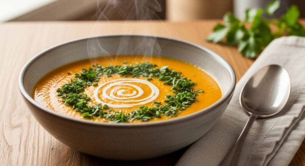 Creamy vegan carrot potato soup blended smooth and served in a bowl with fresh herbs on top