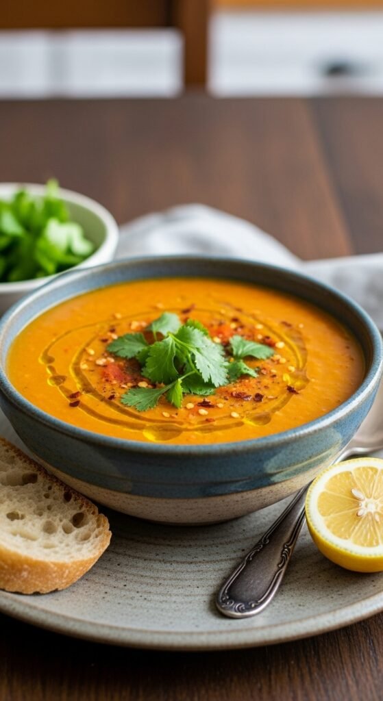 Homemade 30-minute red lentil soup in a pot with vegetables.”