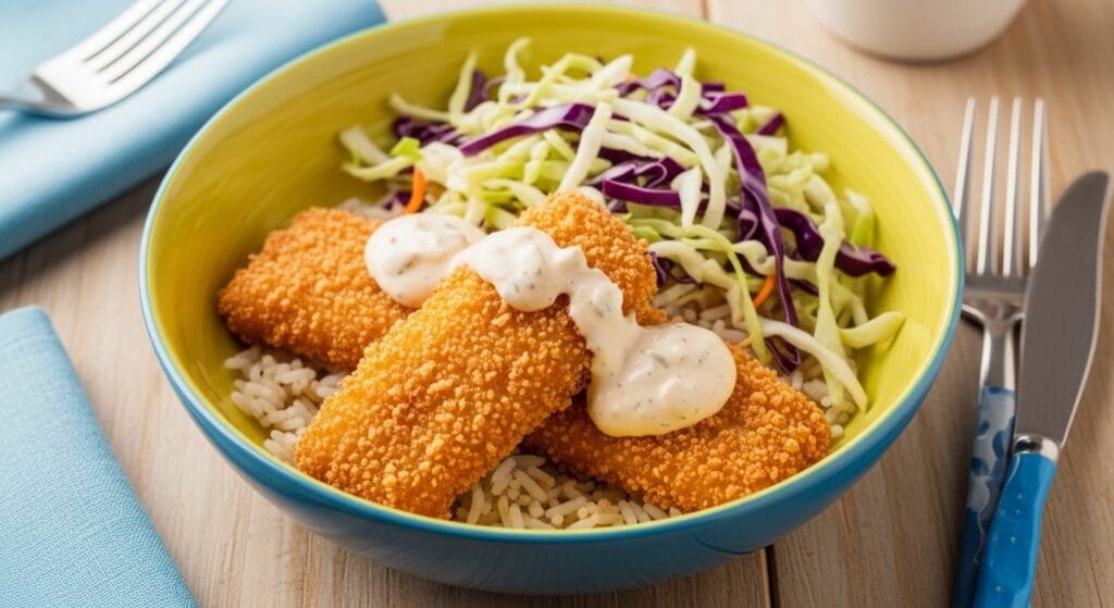 Crispy breaded fish served over rice with fresh cabbage slaw and creamy chipotle sauce in a colorful dinner bowl