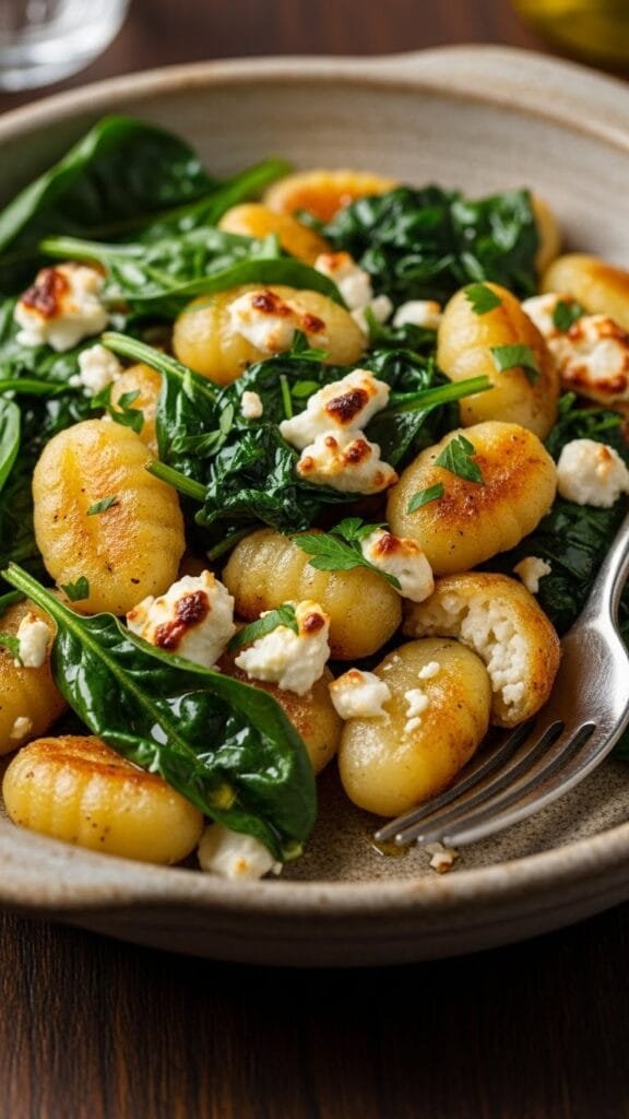 Sheet-pan gnocchi with spinach and feta served as a simple weeknight dinner