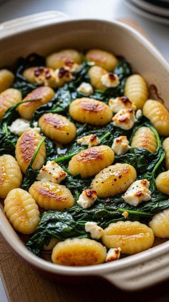 Close up of crispy roasted gnocchi with golden edges and feta cheese