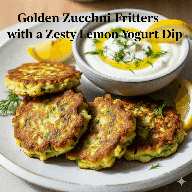 Crispy homemade zucchini fritters cooked to a golden brown, served warm with a creamy lemon yogurt sauce.
