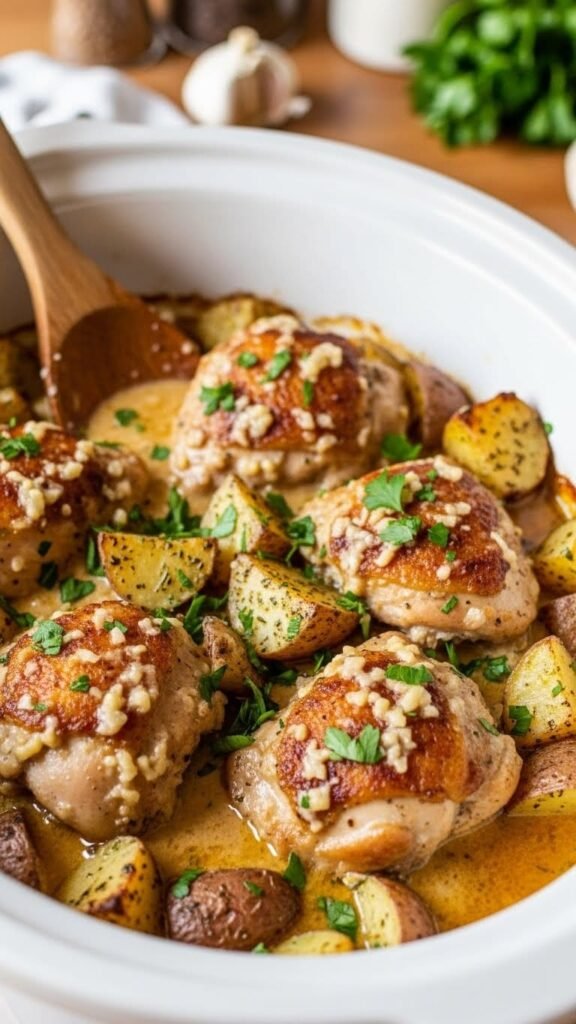 Tender slow cooker chicken and potatoes coated in creamy parmesan garlic sauce