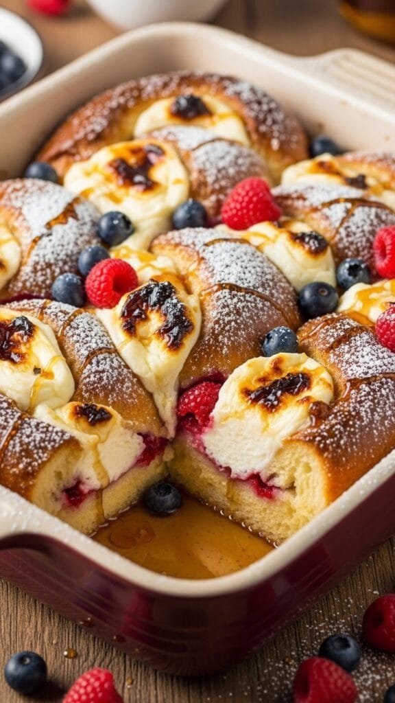Overnight cream cheese French toast casserole with golden crumb topping, sliced and ready for holiday brunch.