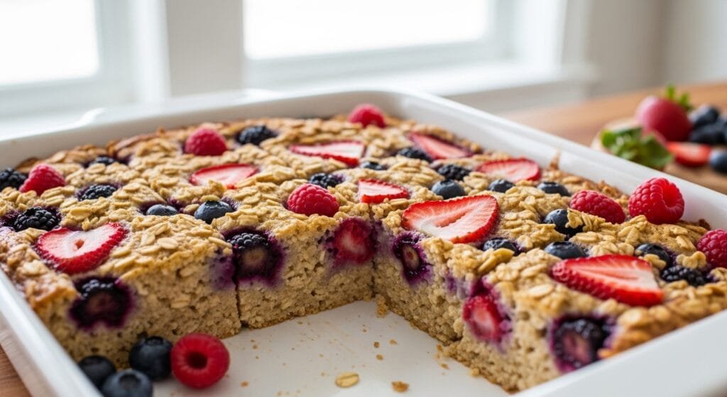 Easy 1-bowl baked oatmeal with mixed berries sliced into squares in a baking dish for make-ahead breakfast