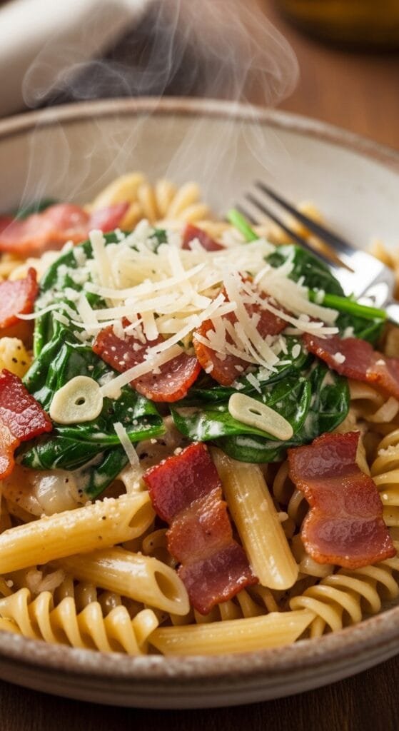 Creamy bacon spinach pasta with garlic and Parmesan served in a bowl for a quick dinner