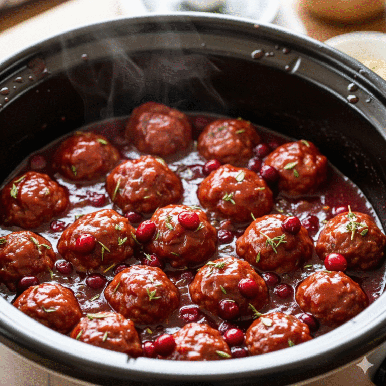 Sweet and tangy Crockpot cranberry chili meatballs simmering in slow cooker
