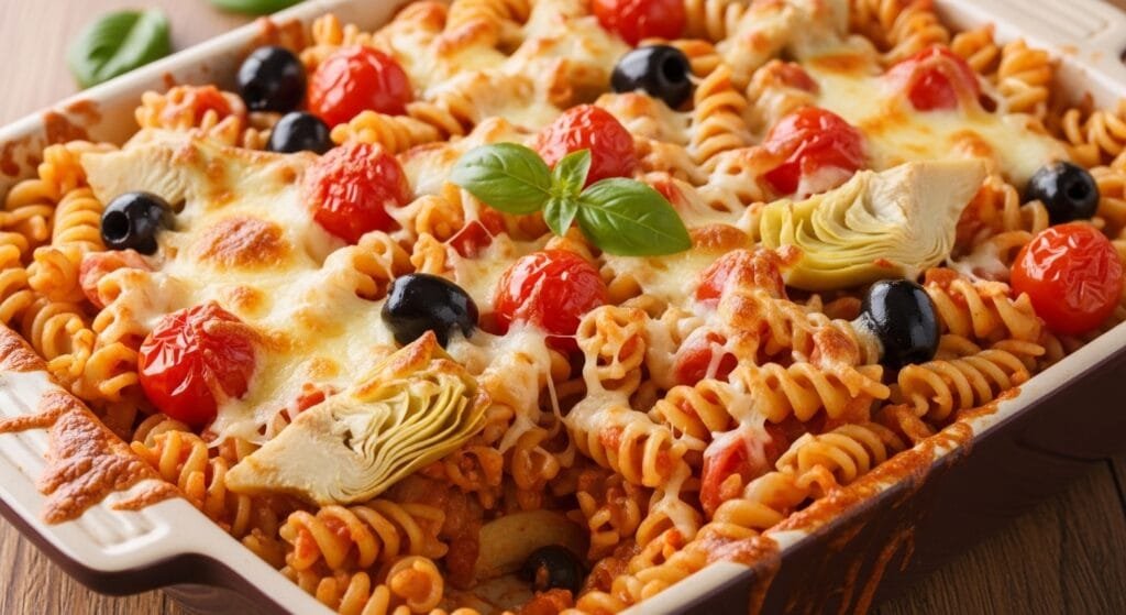 Cheesy baked Mediterranean pasta with rotini, cherry tomatoes, olives, artichokes, and melted mozzarella in a baking dish