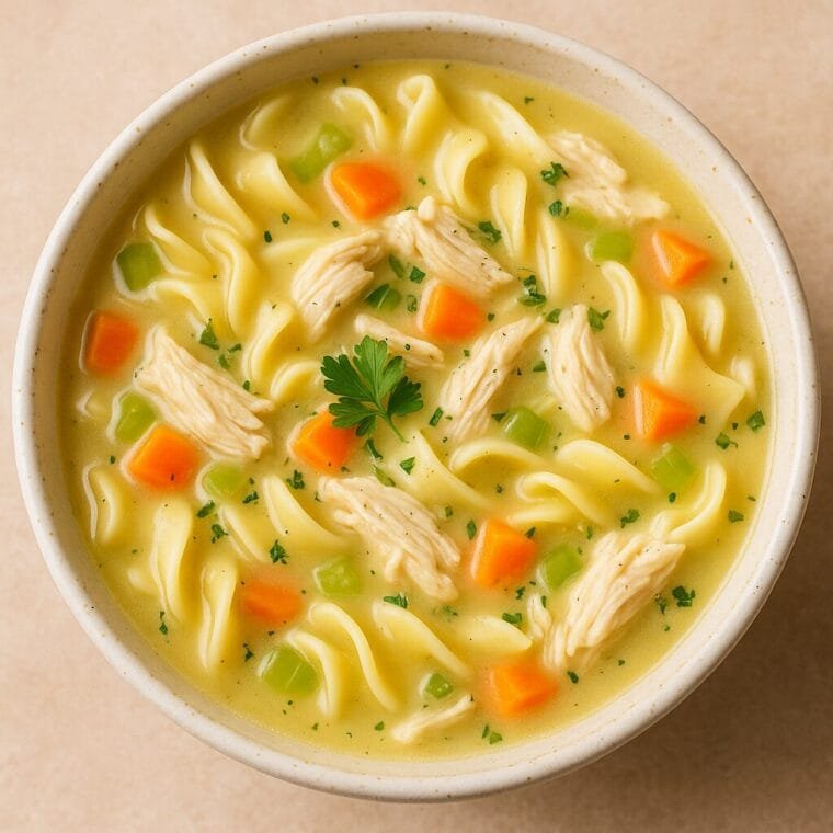 Cozy creamy chicken noodle soup with vegetables and wide egg noodles”