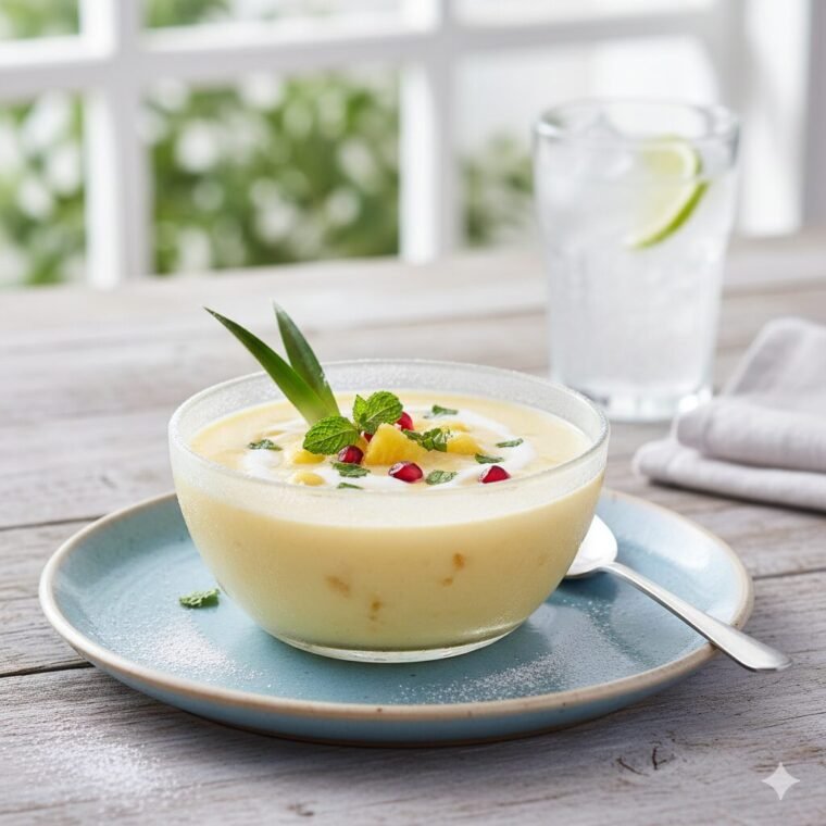 Cold pineapple soup garnished with fresh herbs and pineapple pieces on a summer table