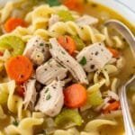 Creamy chicken noodle soup with egg noodles, carrots, celery, and shredded chicken in a bowl