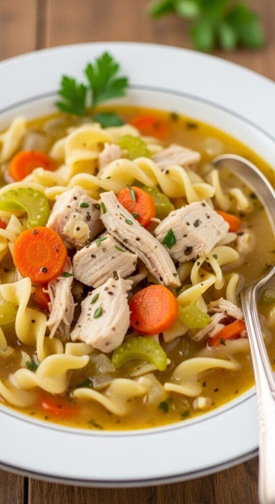 Creamy chicken noodle soup with egg noodles, carrots, celery, and shredded chicken in a bowl