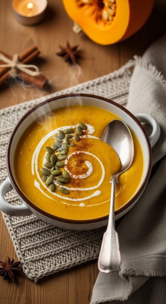 easy creamy pumpkin soup made with canned pumpkin and cozy spices