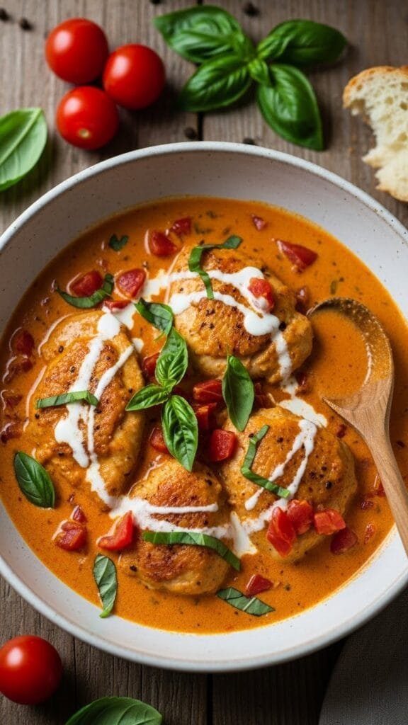 Creamy tomato chicken cooked in a skillet with tender chicken pieces and rich tomato sauce.