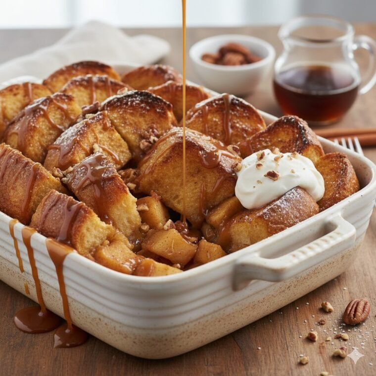 Golden baked caramel apple stuffed French toast casserole with caramel drizzle and cinnamon