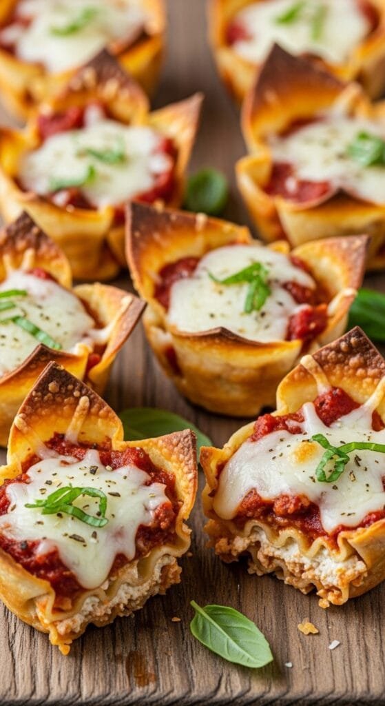 Easy lasagna cups made with wonton wrappers, melted cheese, and marinara sauce baked in a muffin tin