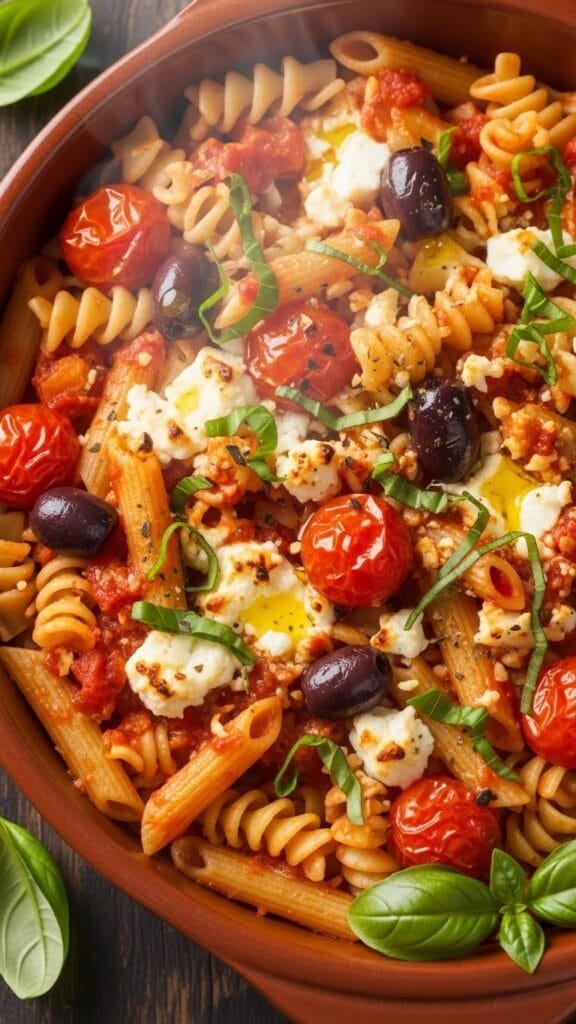 Vegetarian Mediterranean pasta bake with olives, artichokes, herbs, and melted cheese fresh from the oven