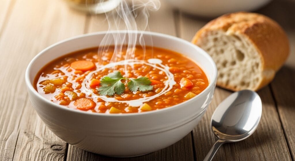 Easy red lentil soup made with carrots, celery, and spices, served warm in a bowl