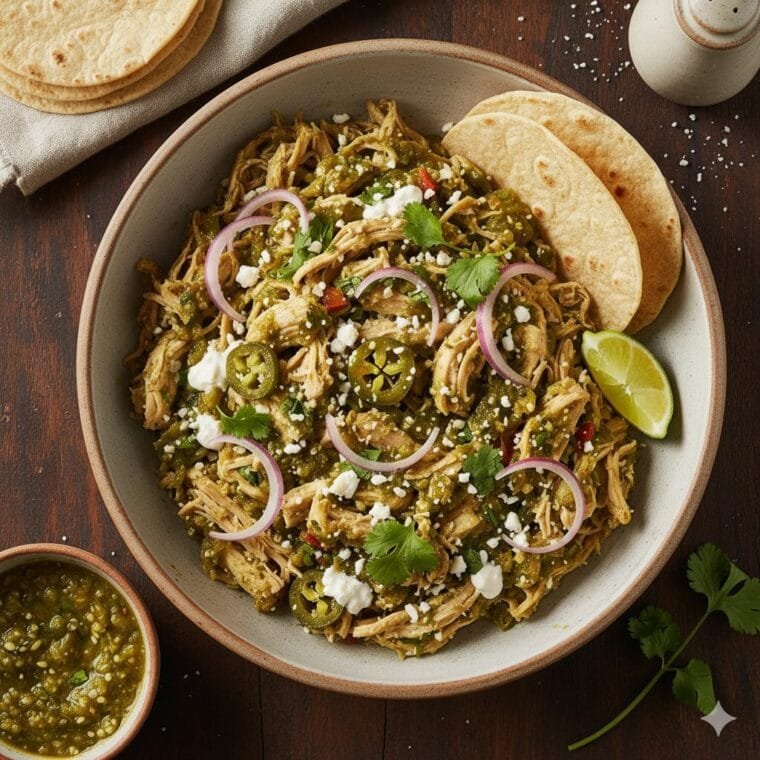 Slow cooker salsa verde chicken used as a filling for soft tacos.