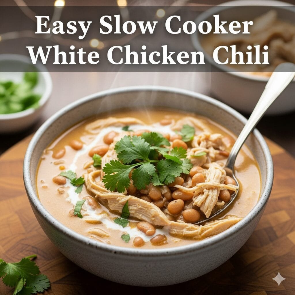 Easy slow cooker white chicken chili in a bowl topped with cilantro and cheese, creamy comfort food perfect for cozy winter dinners.