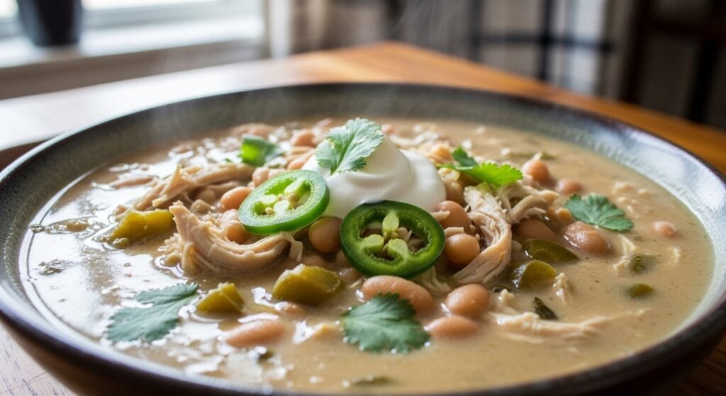 Creamy slow cooker white chicken chili with shredded chicken, white beans, and green chilies served warm
