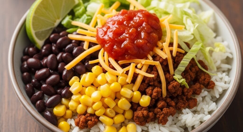 One-pot taco rice bowl made with seasoned ground beef, white rice, black beans, corn, shredded lettuce, cheddar cheese, and salsa served in a dinner bowl