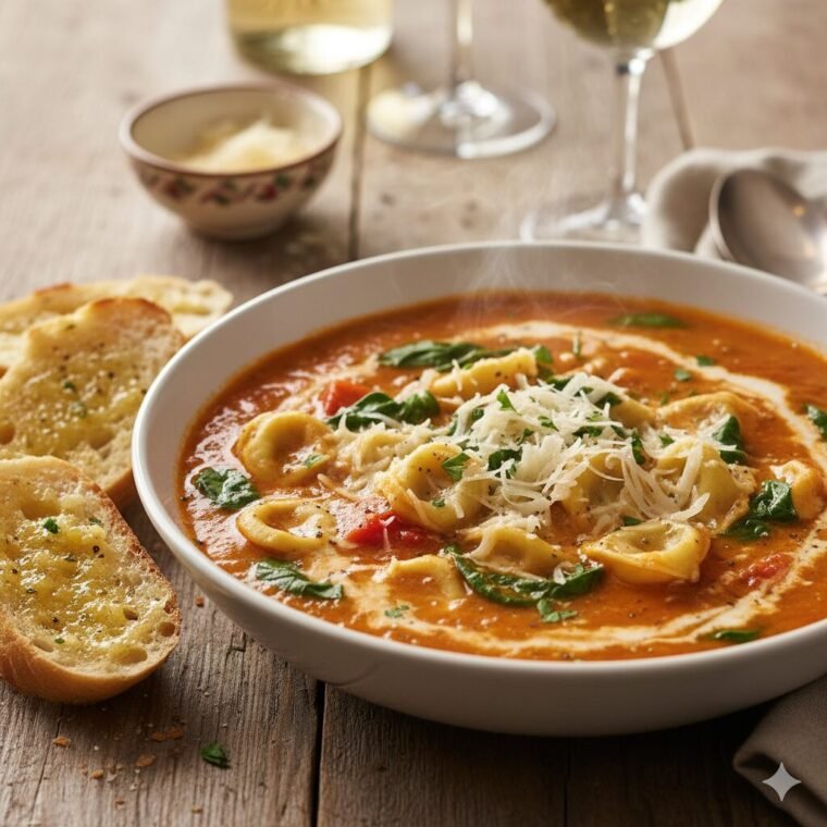 Homemade red pepper soup with cheese tortellini and fresh spinach for an easy weeknight meal