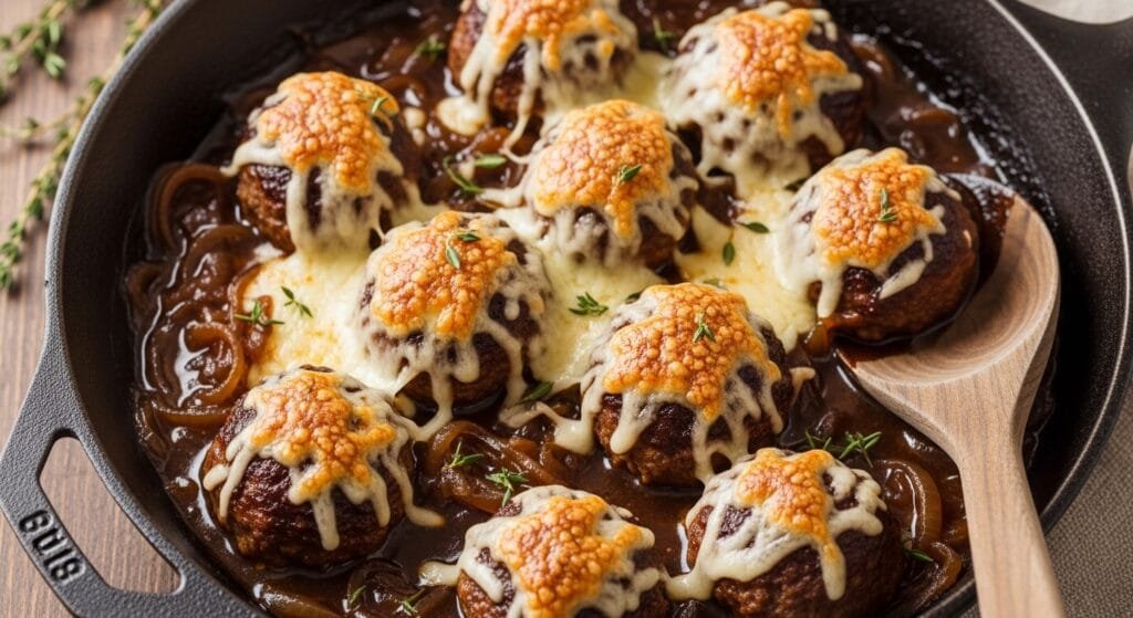 French onion style meatballs topped with melted cheese and rich onion gravy ready for serving