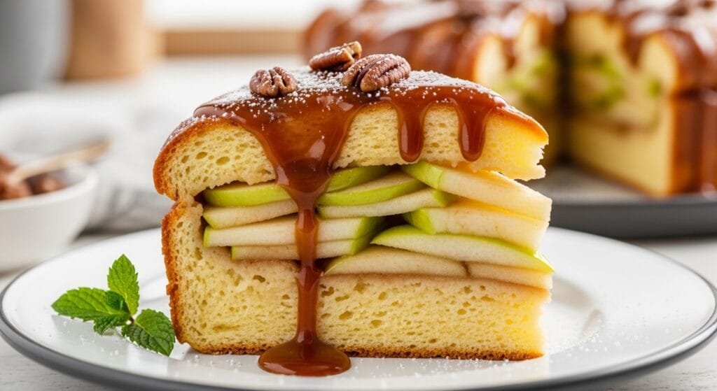 Slice of caramel apple French toast bake showing custardy bread layers