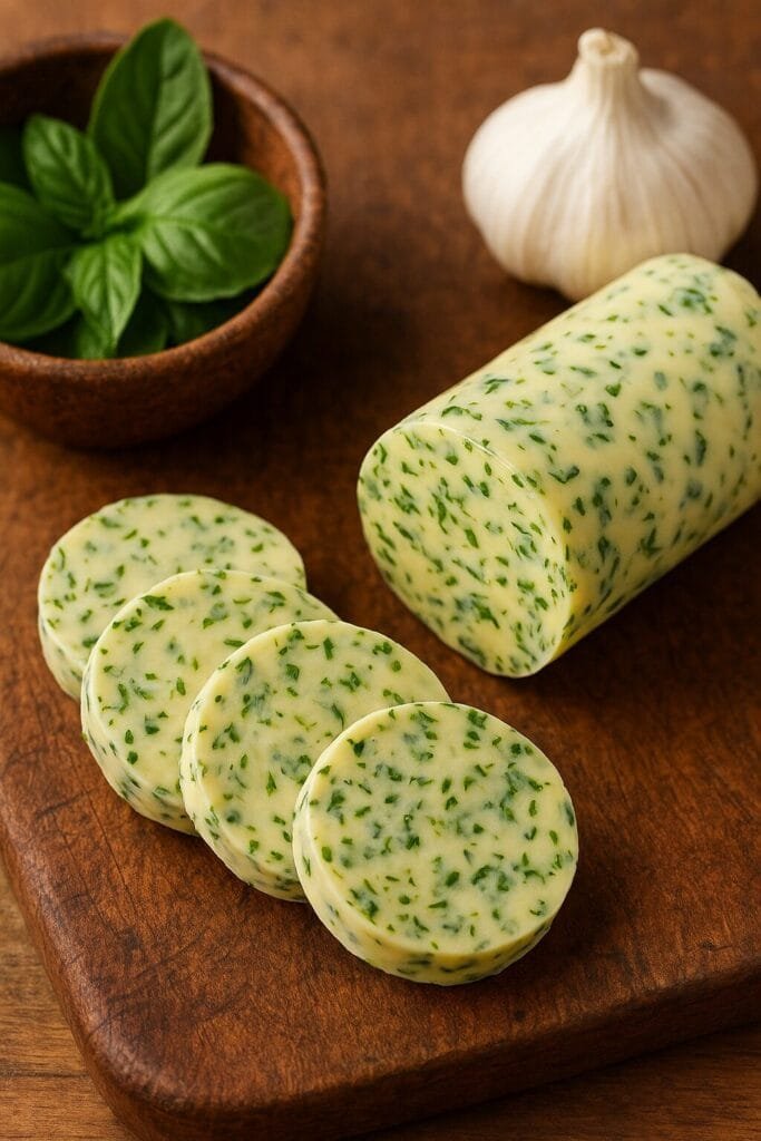 creamy basil and garlic compound butter in a bowl