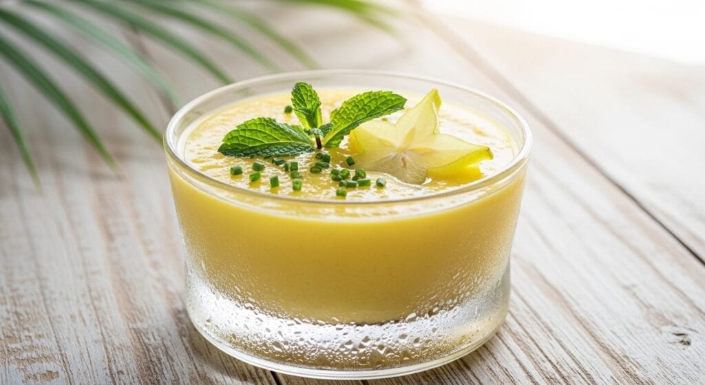 Smooth blended pineapple soup served cold with herbs and tropical garnish