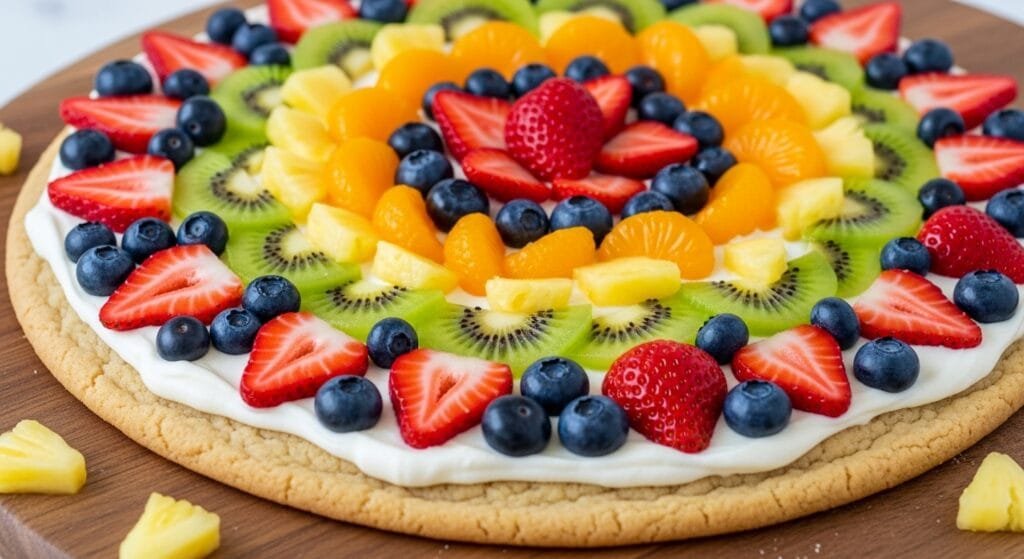 Colorful fruit pizza topped with fresh sliced fruit on a sugar cookie crust